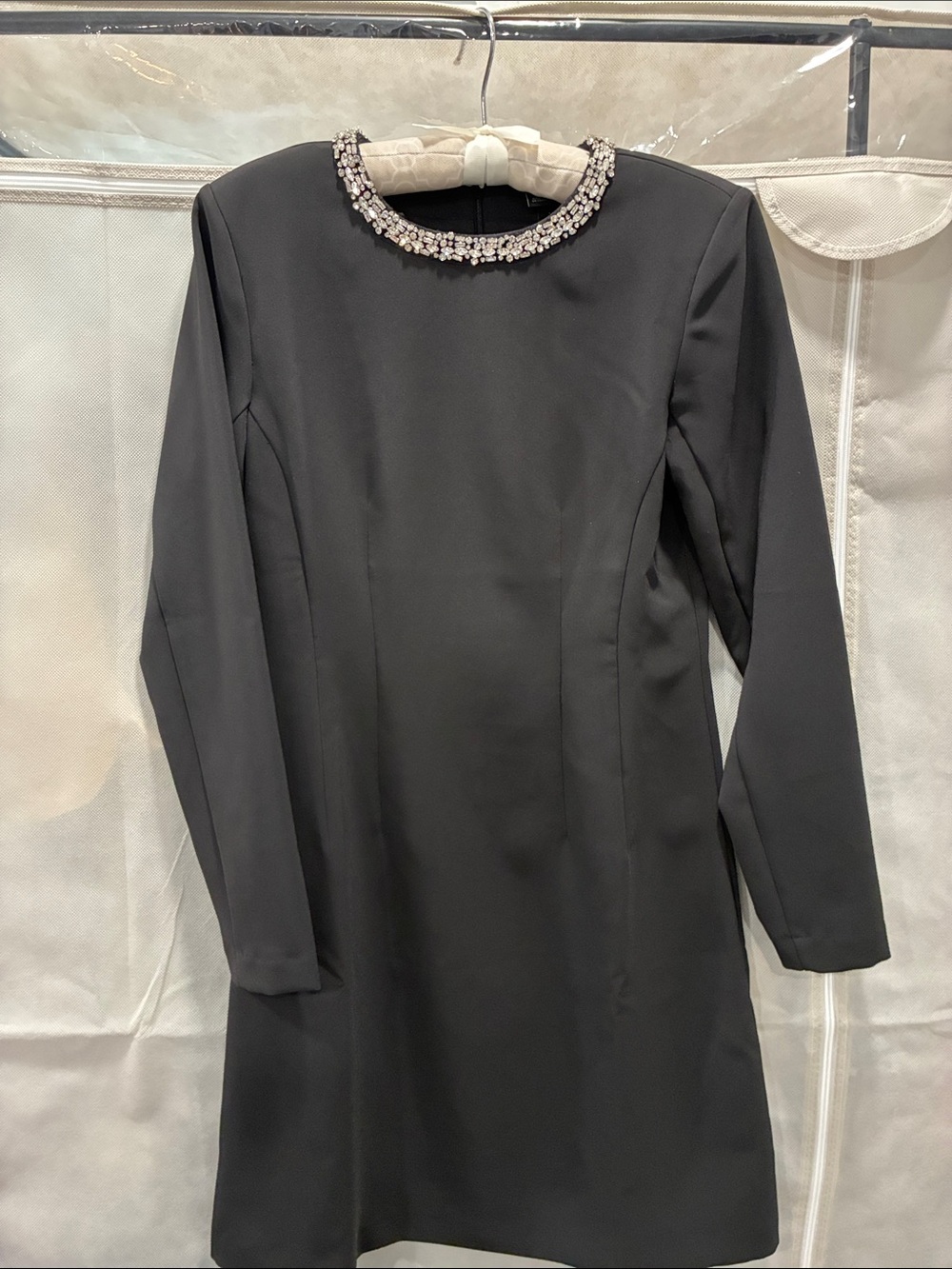 Ann Taylor Black Long-Sleeve Dress with Jeweled Collar